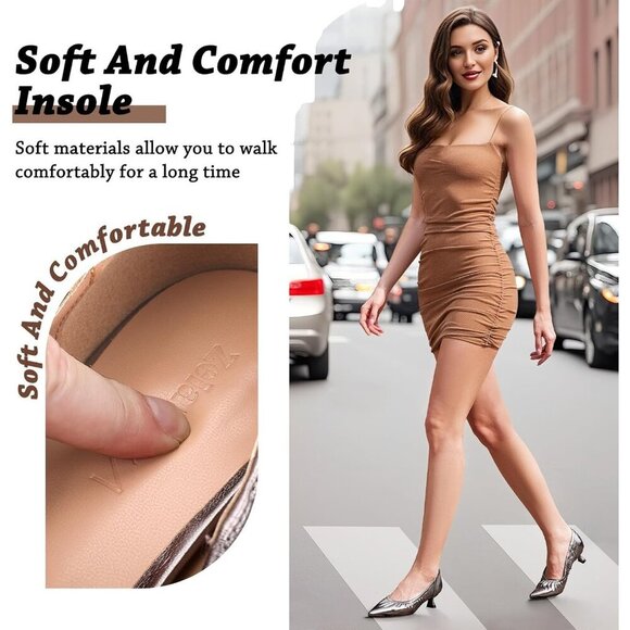 🆕 Gunmetal Kitten Heel Bridal Pleated Pumps Slip-On Pointed Toe Dress Shoes - Picture 5 of 7